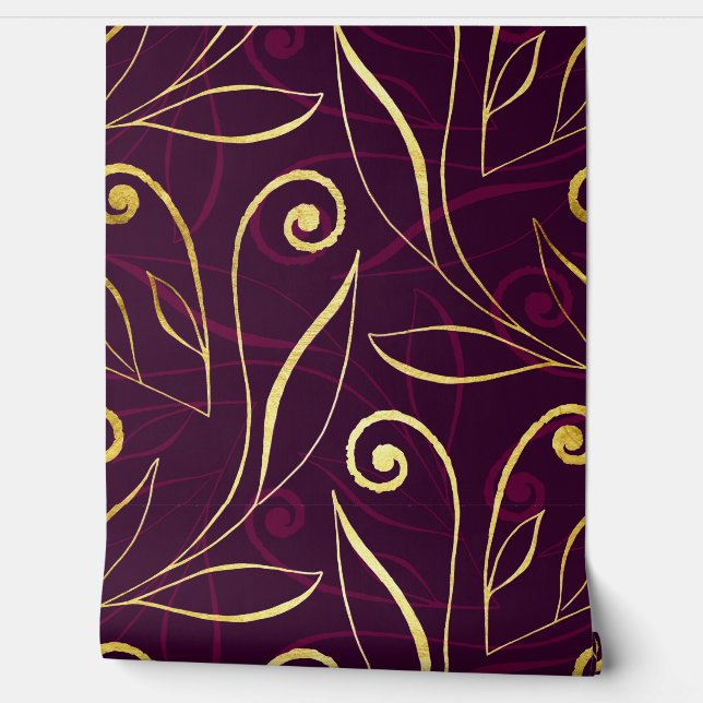 Foliage & Swirls Modern Damask Paarse en gouden Behang (Afrollen)