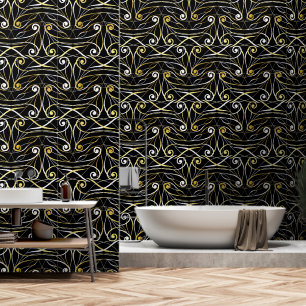 Foliage & Swirls Modern Damask Zilver Goud Zwart Behang