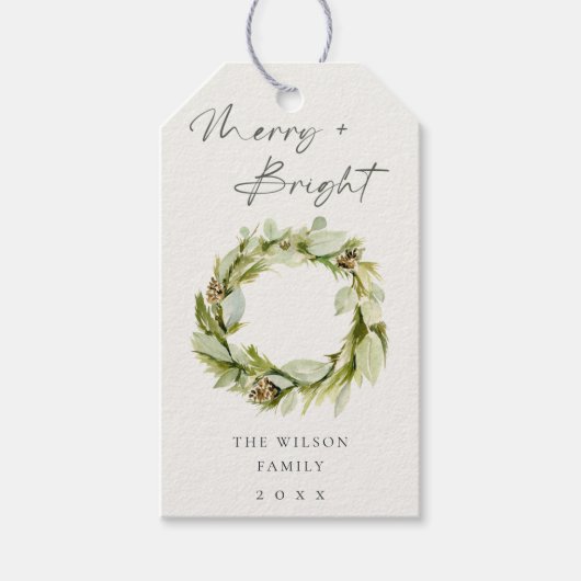 Foliage Winter Wreath Merry & Bright Kerstmis Cadeaulabel (Voorkant)