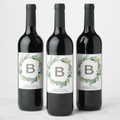 Foliage Wreator Monogram Wedding Wine Labels Wijn Etiket (Flessen)