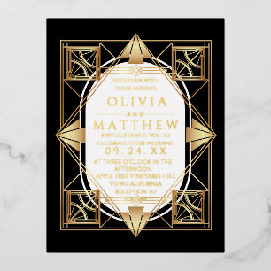 Folie Art Deco Modern Zwart en Goud Huwelijk Uitnodiging Briefkaart