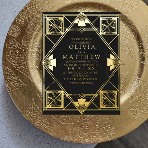 Folie Art Deco Moderne Zwarte Huwelijksuitnodiging Folie Uitnodiging Briefkaart