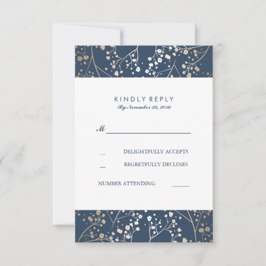 Folie Baby's Breath Navy Wedding RSVP Kaarten (Voorkant)