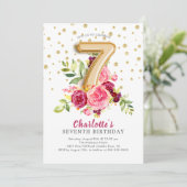 Folie Ballon Bloemen 7e Verjaardag Uitnodiging (Staand voorkant)