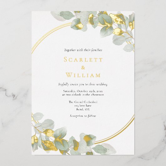 FOLIE Eucalyptus groen goud salie modern bruiloft Folie Uitnodiging (Voorkant)