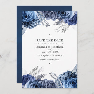 Folie Floral Wedding Foto van Navy en Silver Faux Save The Date