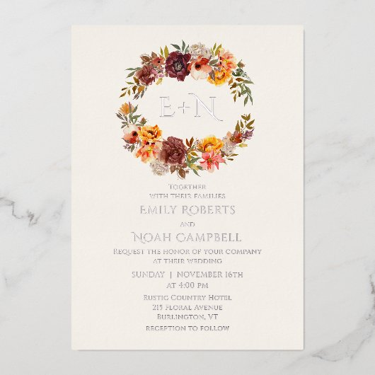 Folie Monogram herfst Rustic Plum Floral Wedding Uitnodiging (Voorkant)