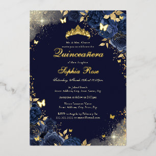 Folie Navy Gold Vlinder Bloemen Quinceanera Uitnodiging