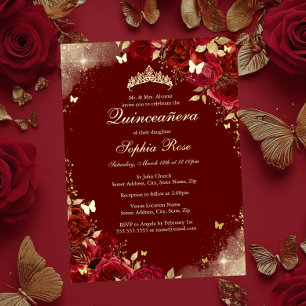 Folie Rood Gouden Vlinder Bloemige Quinceanera Uitnodiging