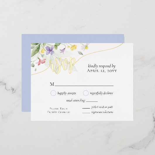 Folie RSVP Waterverf Floral Dinner Wedding Kaart (Voorkant / Achterkant)