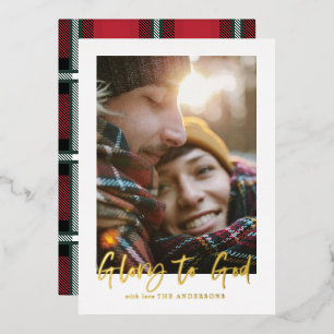 folie script roem aan god rood tartan foto feestdagenkaart