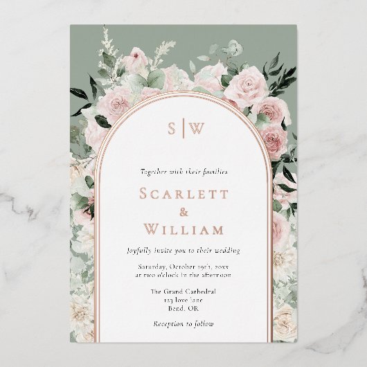 FOLIE Stoffig Roos Gouden Boog Sage Monogram Bruil Folie Uitnodiging (Voorkant)