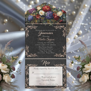 Foliebladlijst Quinceanera - Zwart/Bloemenboeket All In One Uitnodiging
