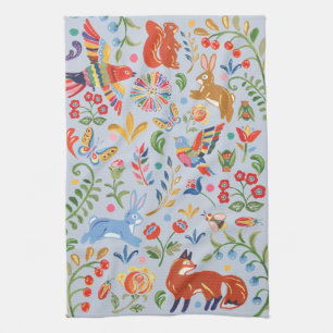 Folk Animal Woodland Floral Blue Cute Fiesta Theedoek