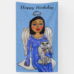 Folk Art Angel op Cloud White Angel Cat Blue Spandoek
