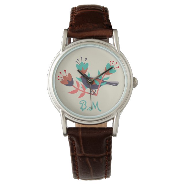 Folk Art Bird and Floral Monogram Horloge (Voorkant)