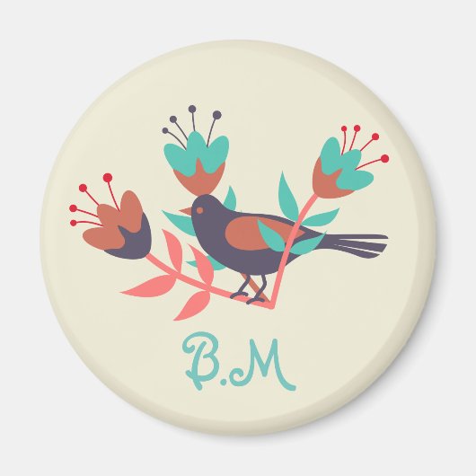 Folk Art Bird and Floral Monogram Magneet (Voorkant)