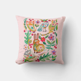 Folk Art Bloemen Dier Vrienden Blush Roze Kussen