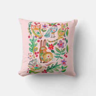 Folk Art Bloemen Dier Vrienden Blush Roze Kussen