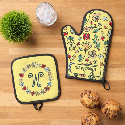 Folk Art Bloemen Pastels op Helder Geel Ovenwant & Pannenlap Set (Top down)