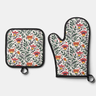 Folk art bloemenpatroon ovenwant & pannenlap set