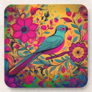 Folk art bloemenvogel hard plastiek onderzetter