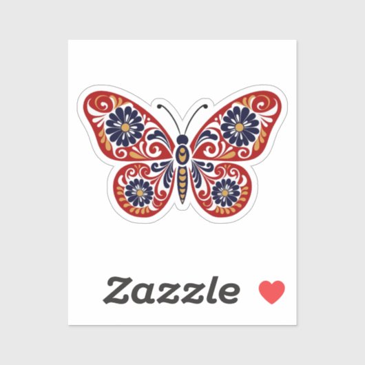 Folk Art Butterfly Sticker - Red & Navy Blue Flora (Feuille)