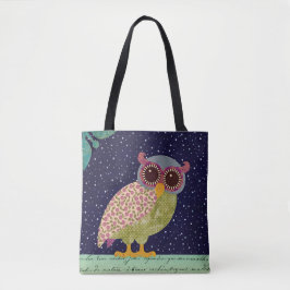 Folk Art Calico Pattern Owl bij nacht Draagtas