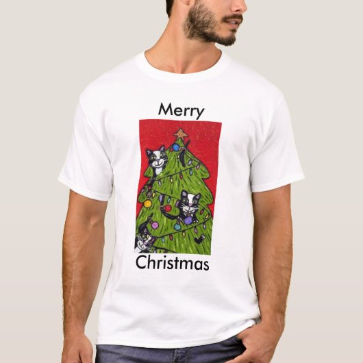 Folk Art Cats kerstboom T-shirt (Voorkant)