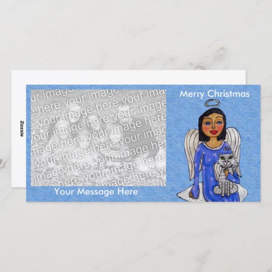 Folk Art Engel Blauw Jurk Wit Engel Kat Cloud Feestdagenkaart (Voorkant / Achterkant)