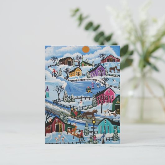 FOLK ART First Day Snow LORI EVERETT briefkaart (Staand voorkant)