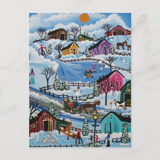 FOLK ART First Day Snow LORI EVERETT briefkaart (Voorkant)