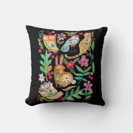 Folk Art Floral Animal Friends Black Sierkussen
