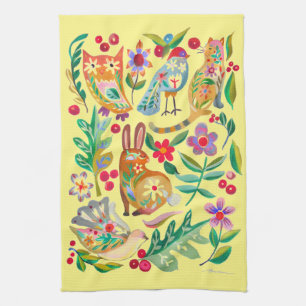 Folk Art Floral Animal Friends Bleek Yellow Theedoek