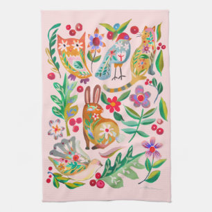 Folk Art Floral Animal Friends Pink Kitchen Towel Theedoek