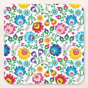 Folk Art Flower Pattern 2 Vierkante Kartonnen Onderzetter