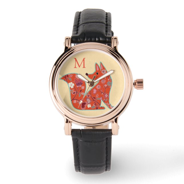 Folk Art Flower Pattern Fox Monogram Horloge (Voorkant)