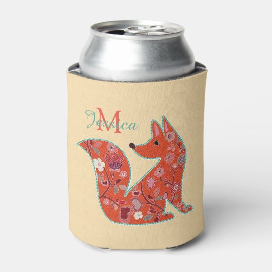 Folk Art Flower Pattern Fox Personalized Blikjeskoeler (Blikje Voorkant)