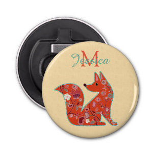 Folk Art Flower Pattern Fox Personalized Button Flesopener