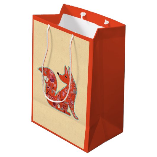 Folk Art Flower Pattern Fox Personalized Medium Cadeauzakje (Achterkant Gekanteld)