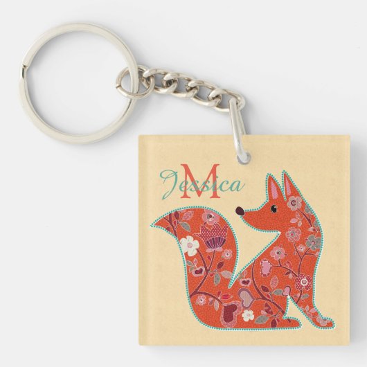 Folk Art Flower Pattern Fox Personalized Sleutelhanger (Voorkant)