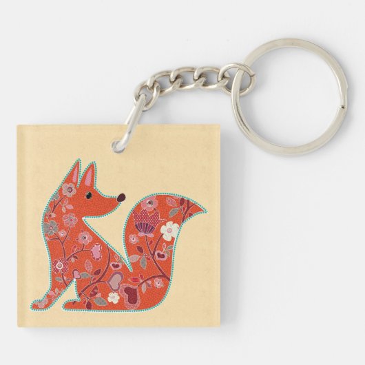 Folk Art Flower Pattern Fox Personalized Sleutelhanger (Achterkant)