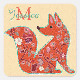 Folk Art Flower Pattern Fox Personalized Vierkante Sticker