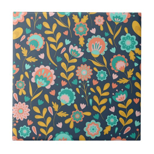 Folk Art Flower Pattern Tegeltje (Voorkant)