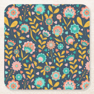 Folk Art Flower Pattern Vierkante Kartonnen Onderzetter