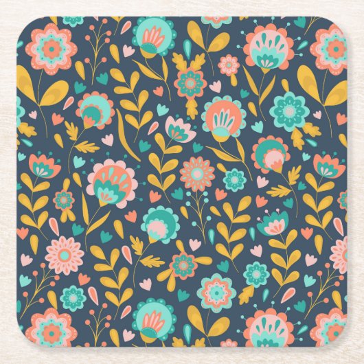 Folk Art Flower Pattern Vierkante Kartonnen Onderzetter (Voorkant)