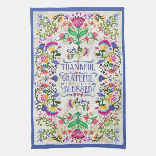 Folk Art Flowers | Dankjewel, dankbaar, geblufferd Theedoek (Verticaal)