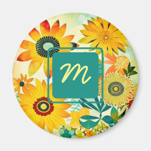 Folk Art Flowers monogram Magneet