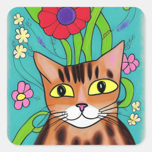Folk Art Funny Cat met rode bloem Vierkante Sticker