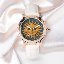 Folk Art Geschilderde Zon Gezicht op Houten Planke Horloge